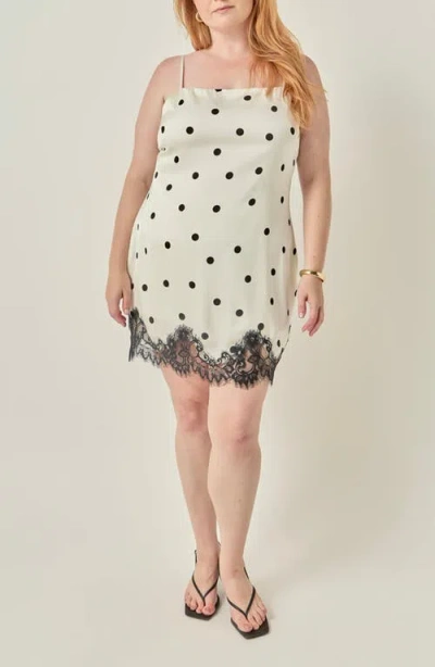 Endless Rose Polka Dot Lace Hem Slip Minidress In Neutral