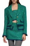 Endless Rose Premium Cropped Sequin Tweed Jacket In Green/navy