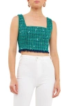 Endless Rose Premium Fringe Tweed Crop Tank In Green/navy