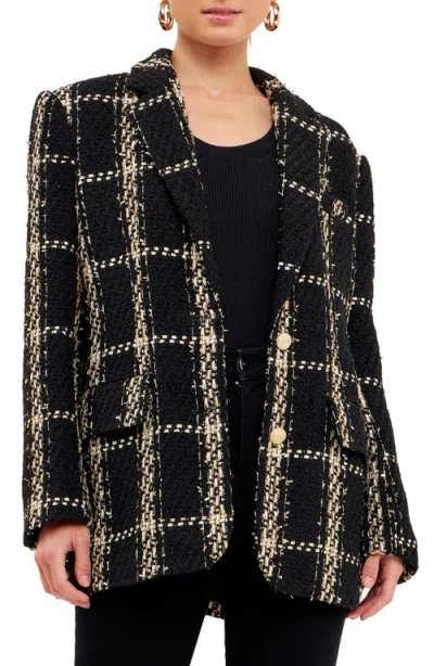 Endless Rose Tweed Oversized Double Button Blazer In Black