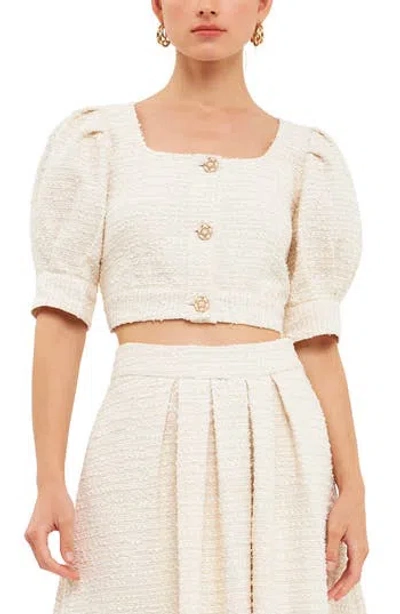 Endless Rose Premium Puff Sleeve Tweed Crop Top In White