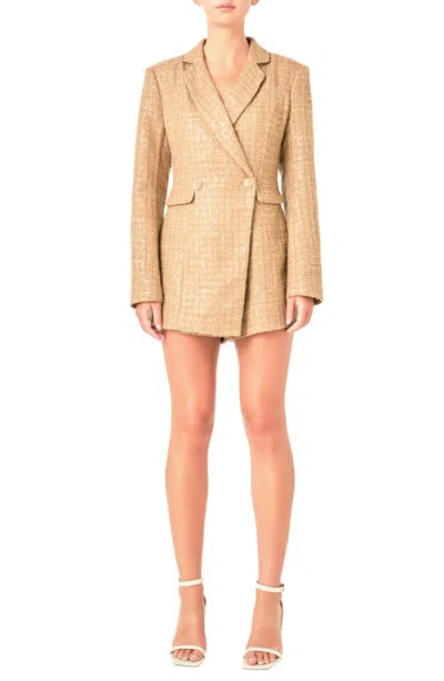 Endless Rose Premium Sequin Tweed Long Sleeve Blazer Minidress In Tan