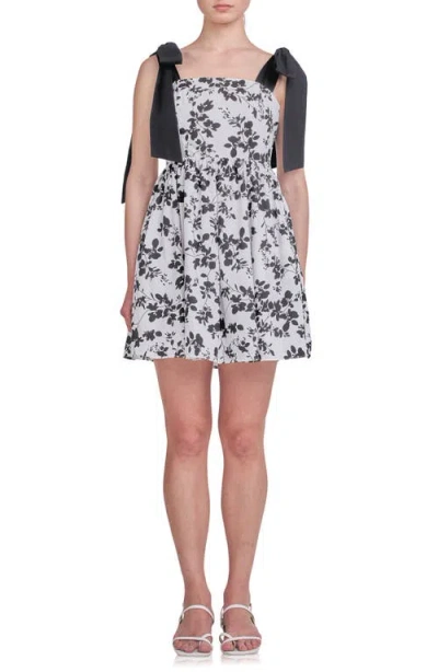 Endless Rose Print Contrast Bow Strap Minidress In White/black