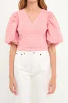 Endless Rose Puff Sleeve Check Jacquard Top In Pink
