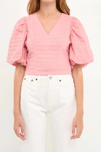 Endless Rose Puff Sleeve Check Jacquard Top In Pink