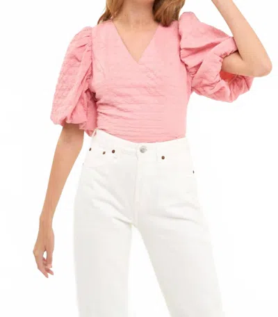 Endless Rose Puff Sleeve Check Jacquard Top In Pink
