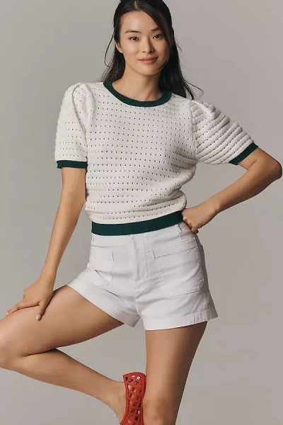 Endless Rose Puff-sleeve Contrast Rib Cropped Sweater Tee In White