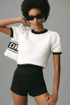 Endless Rose Puff-sleeve Contrast Rib Cropped Sweater Tee In Black