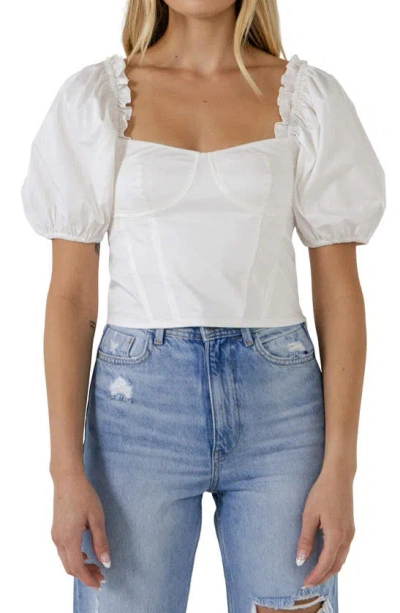 Endless Rose Short Puff Sleeve Cropped Top In White