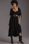 Endless Rose Puff-sleeve Sweetheart Textured Midi Dress In Black