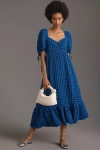 Endless Rose Puff-sleeve Sweetheart Textured Midi Dress In Blue