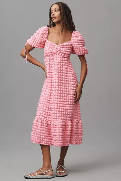 Endless Rose Puff-sleeve Sweetheart Textured Midi Dress In Pink