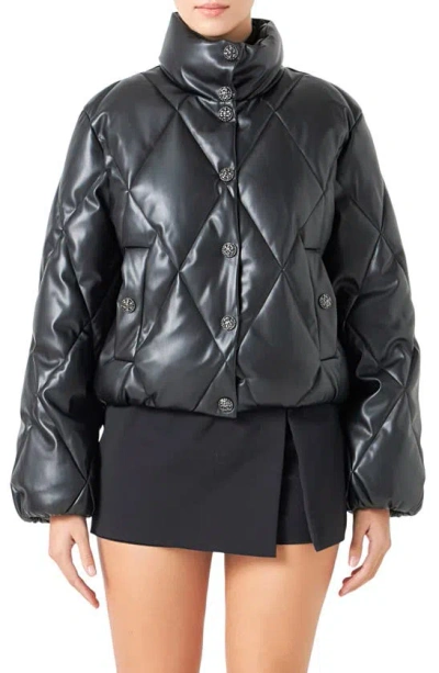 Endless Rose Quilted Faux Leather Bomber Jacket In Black