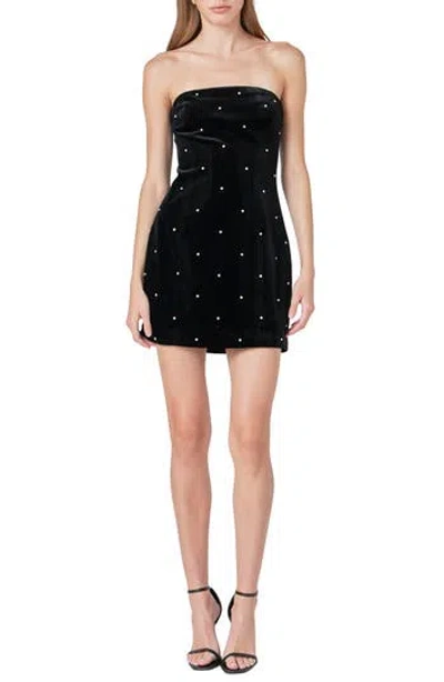 Endless Rose Rhinestone Detail Strapless Velvet Minidress In Black