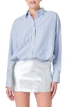 Endless Rose Rhinestone Elastic Waist Button-up Shirt In Navy/white