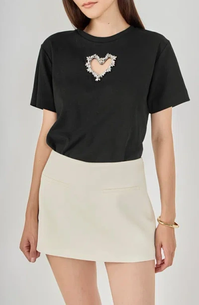 Endless Rose Rhinestone Trim Heart Cutout Relaxed Fit T-shirt In Black