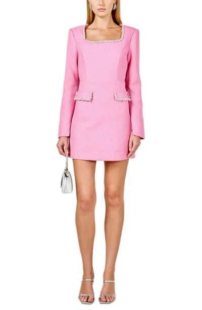 Endless Rose Rhinestone Trim Long Sleeve Tweed Minidress In Pink