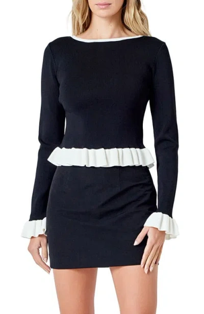 Endless Rose Rib Contrast Ruffle Trim Top In Blue