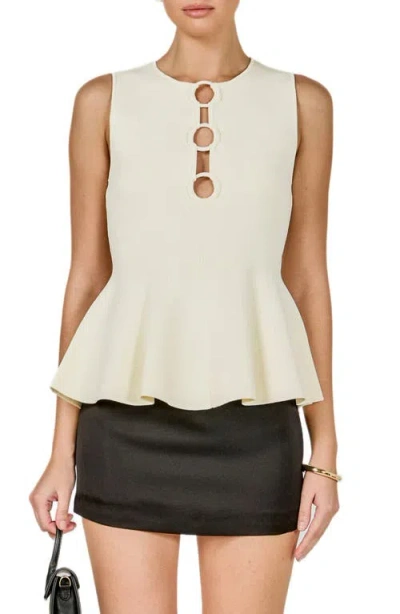 Endless Rose Ring Detail Sleeveless Peplum Knit Top In White