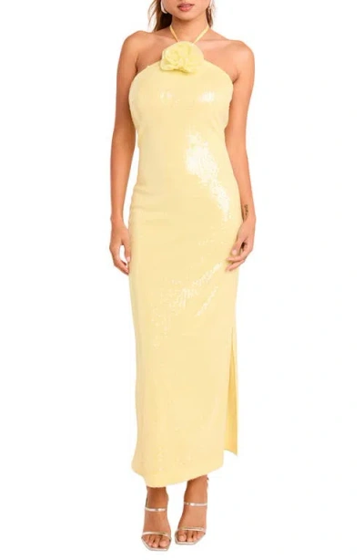 Endless Rose Rose Sequin Halter Maxi Dress In Yellow