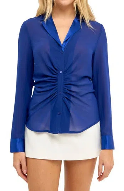 Endless Rose Ruched Front Chiffon Shirt In Blue