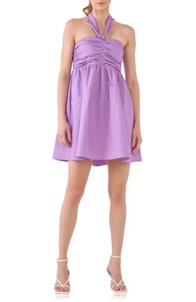 Endless Rose Ruched Halter Cotton Babydoll Minidress In Purple