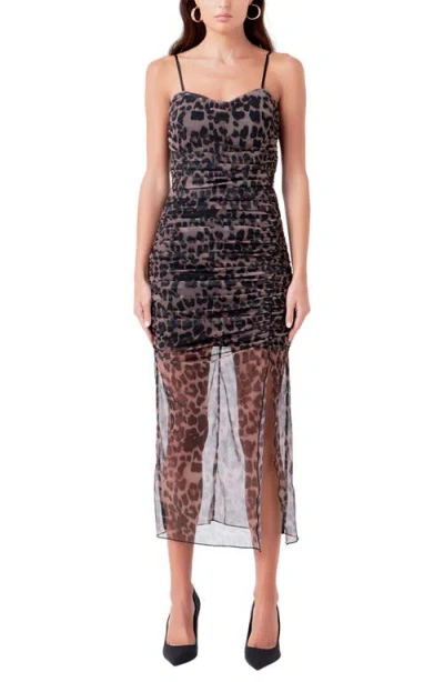 Endless Rose Ruched Mesh Midi Dress In Leopard