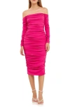 Endless Rose Off-the-shoulder Ruched Midi Dress In Fuchsia