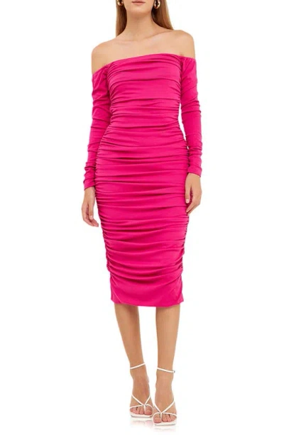 Endless Rose Off-the-shoulder Ruched Midi Dress In Fuchsia