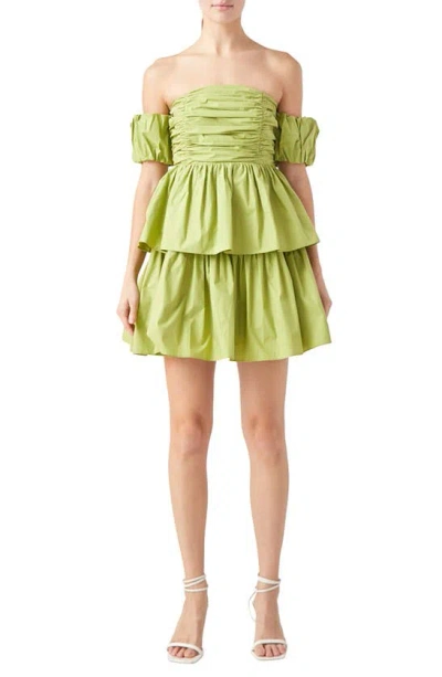 Endless Rose Ruched Tiered Off The Shoulder Minidress In Pistachio