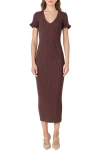 Endless Rose Ruffle Cuff Knit Dress In Chocolate Brown