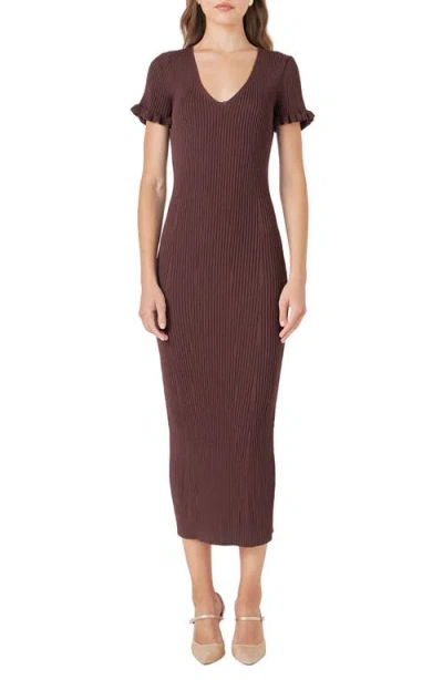 Endless Rose Ruffle Cuff Knit Dress In Chocolate Brown