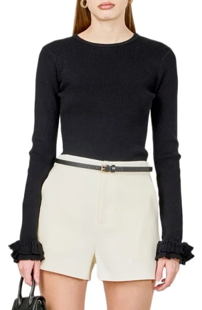 Endless Rose Ruffle Cuff Knit Top In Black