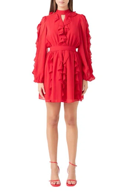 Endless Rose Ruffle Detail Long Sleeve Chiffon Minidress In Red