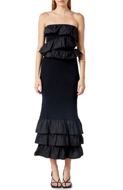Endless Rose Ruffle Detail Mixed Media Strapless Dress In Black