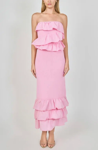 Endless Rose Ruffle Detail Mixed Media Strapless Dress In Pink