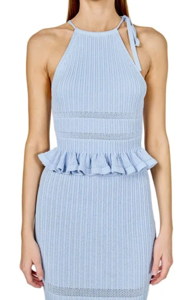 Endless Rose Ruffle Knit Tie Neck Top In Blue