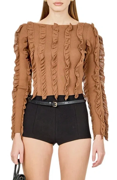 Endless Rose Ruffle Rib Knit Top In Brown