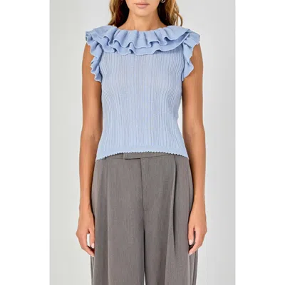 Endless Rose Ruffle Trim Pleated Knit Top In Blue
