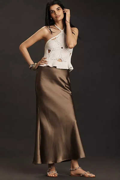 Endless Rose Satin Bias Fitted Maxi Skirt In Brown