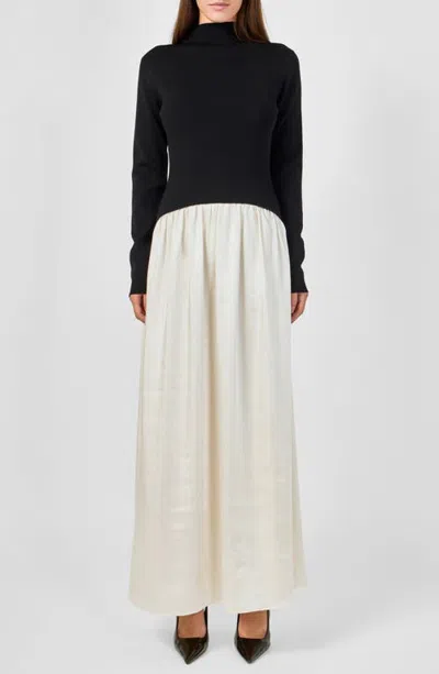 Endless Rose Satin Combo Knit Maxi Dress In Black