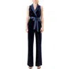 Endless Rose Satin Trim Velvet Jumpsuit In Navy