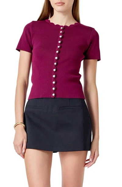Endless Rose Scallop Accent Button Front Knit Top In Purple