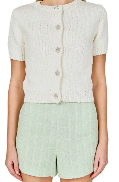 Endless Rose Scalloped Embellished Button Short Sleeve Cardigan In White