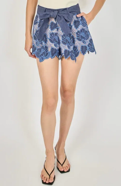 Endless Rose Scalloped Hem Lace High Waist Shorts In Blue