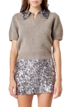Endless Rose Short-sleeve Sequin-collar Sweater In Gray