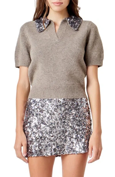 ENDLESS ROSE ENDLESS ROSE SEQUIN COLLAR SHORT SLEEVE SWEATER