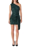 Endless Rose Sequin Draped Padded One-shoulder Minidress In Emerald