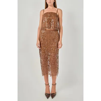 Endless Rose Sequin Floral Lace Midi Skirt In Brown