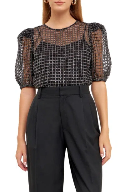 Endless Rose Sequin Grid Mesh Top In Black